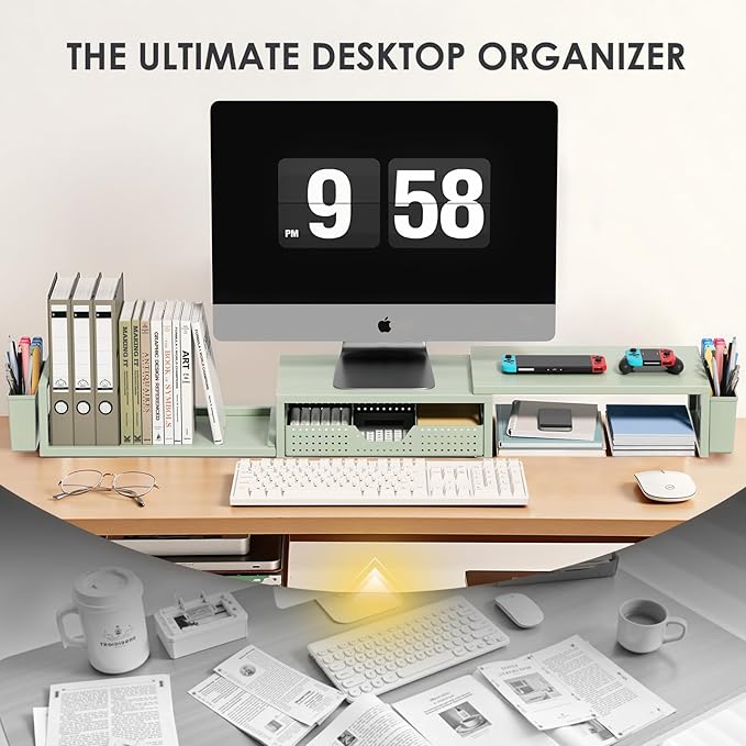 OPNICE Desk Organizers and Accessories, Dual Monitor Stand Riser with Drawer and 2 Pen Holders, Desk Shelf Metal Computer Monitor Stand for Office Workspace Organizers, Desktop Organization (Green Metal)