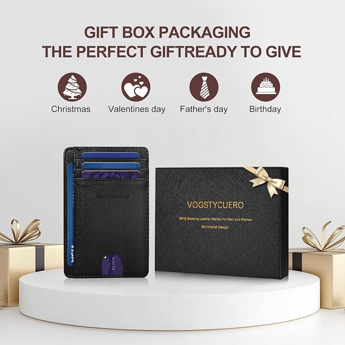 Slim Minimalist Front Pocket Thin Wallet RFID Blocking 100% Genuine Grain Leather Credit Card Holder for Men Women with Gift Box - Grain Leather Black