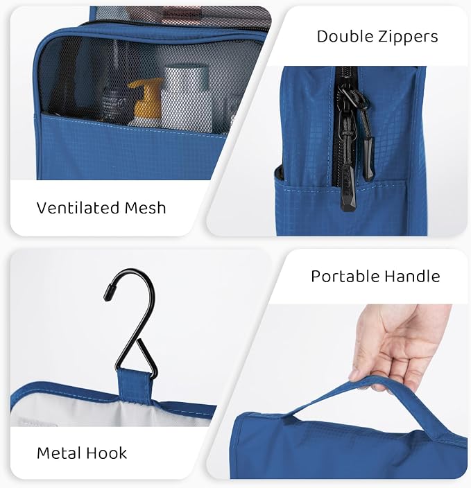Hanging Travel Toiletry Bag, Portable Travel Cosmetic Organizer Bag for Women Men, Waterproof Toiletries Wash Bag with 4 Compartments & Hanging Hook (Dark Blue)