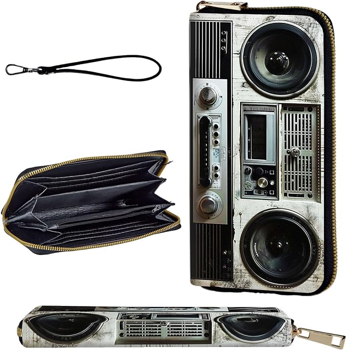 Wallet,Leather Long Wallet Suitable For Ladies And Teenagers - Detachable Wristband + RFID Travel Wallet With Card Slot - Retro Boombox