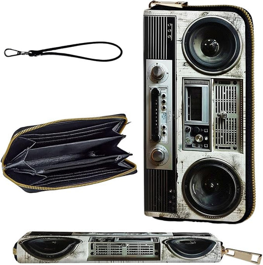 Wallet,Leather Long Wallet Suitable For Ladies And Teenagers - Detachable Wristband + RFID Travel Wallet With Card Slot - Retro Boombox