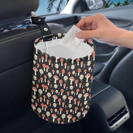 Mushroom Daisy Printed Car Waste Basket Can Universal Waste Basket Bin Waste Auto Basket Can with Adjustable Strap Hanging for Office, Kitchern