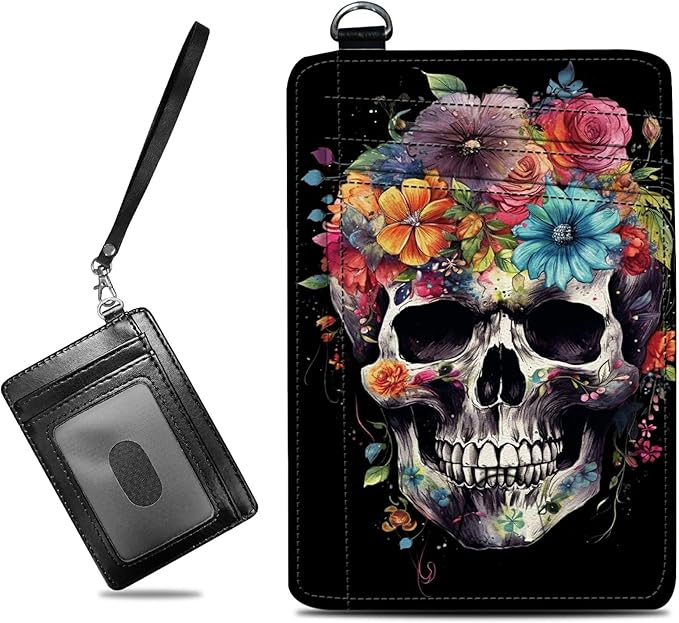 Small Travel Wallets, Sugar Skull Flowers Slim Minimalist Front Pocket Wallet with Wristlet, RFID Blocking PU Leather Credit Card Holder with ID Window Change Purse for Men Women