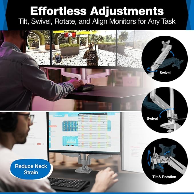 Mount-It! Triple Monitor Mount with Gas Spring Arms, Fits 24??2 Inch Screens, USB & Audio Ports, Full Motion Desk Stand with Tilt, Swivel & Rotation, Heavy Duty Silver 3 Screen Arm with Clamp