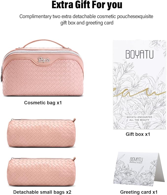 BOYATU Travel Makeup Bag Cosmetic Bags for Women: Large Capacity 3 Pcs Set Make up Bag with Compartments - Waterproof Vegan Leather Toiletry Organizer Bags with Handle (L04 Light Pink)