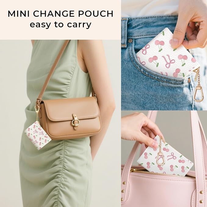 Coquette Bow Keychain Cute Coin Purse for Women, Small PU Leather Change Pouch, Zipper Little Tiny Travel Wallet for Girls, Kawaii Zip Pocket Coin Holder with Key Ring