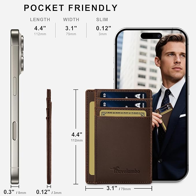 Travelambo 100% Genuine Leather Wallet for Men and Women, Slim Minimalist RFID Blocking Front Pocket Credit Card Holder with Gift Box