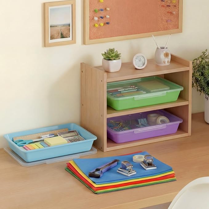 Tinlade 12 Pcs Classroom Paper Storage Bins with Clear Latching Lids Labels, Letter Size Stackable Flat Trays Container Paper Organizer for Teacher Back to School Office Arts Crafts (Macaron,13x10in)
