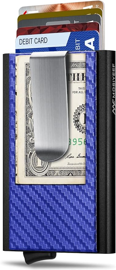 MOSIYEEF Minimalist Wallet for Men, RFID Blocking Card Wallet with Money Clip, Aluminum, Habor Blue, 6 Card Slots
