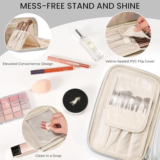 HauteHues Travel Makeup Bag Women's Large Capacity Cosmetic Portable Organizer Large Opening Waterproof Storage Toiletry Bags Vertical Free-Standing Brush Holder for Easy Access Silver
