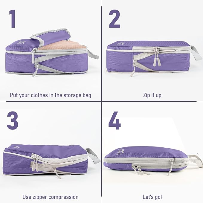 6 Set Compression Packing Cubes, Suitcase Organizer, Lightweight Travel Essentials, Compression Bags For Travel Accessories Luggage Storage Set (6Pcs, Purple)