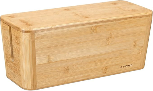 Navaris Cable Tidy Box - Bamboo Cable Storage Box Organizer for Wires, Cables, Extension Sockets, Chargers and Power Plug Cords - 15.5" x 6.3" x 6.3"