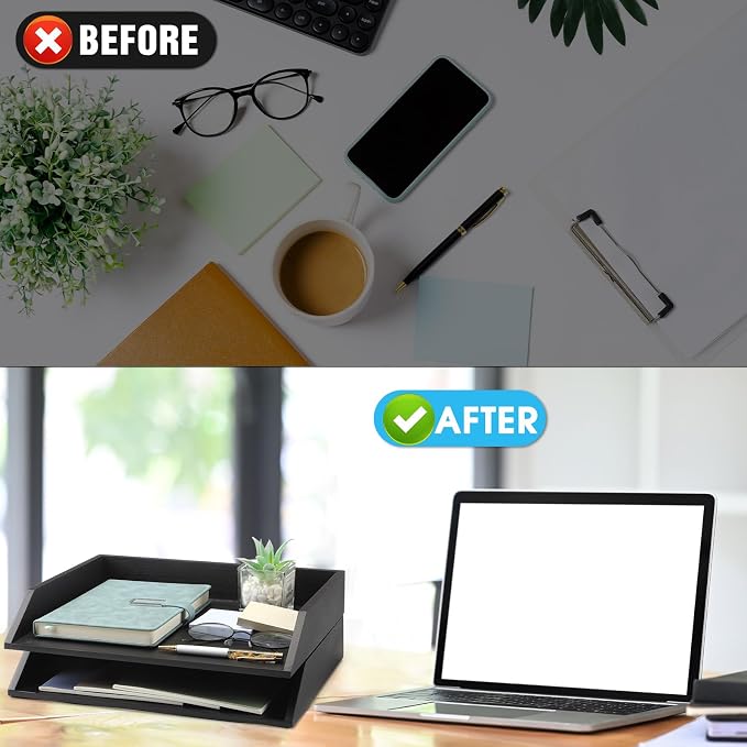 Beeveer 2 Pcs Black Wood Letter Tray Wooden Desk Paper Organizer 2 Tier Stackable Load Documents Desktop Tray Drawer File Folder Magazine Office Accessories for Home Office Back to School