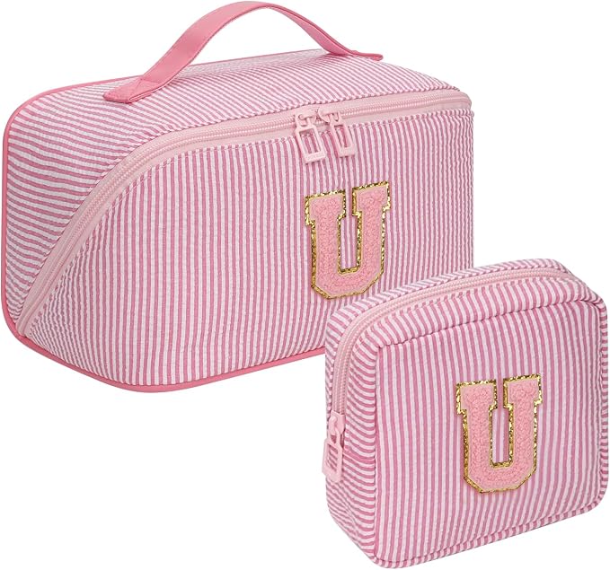 2026 Graduation Gifts - Travel Makeup Bag for Women, 2Pcs Portable Personalized Initial Makeup Organizer Bag, Open Flat Large Cosmetic Bag With Travel Essential Pouch (Pink Letter U)