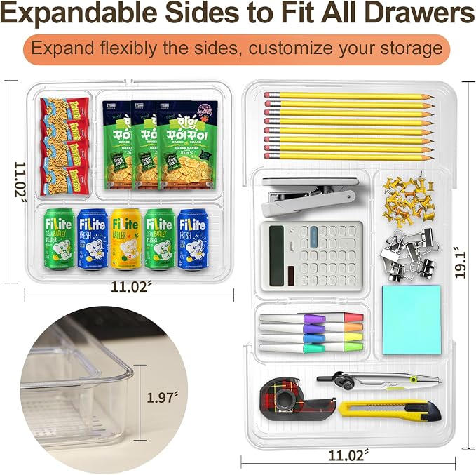Expandable Drawer Organizer, Adjustable Shallow Tray, 11" to 19" Width | 1.97" Height, Clear Plastic Storage, For Bedroom/Living Room/Kitchen/Bathroom/Office, Cosmetic/Tools/Cutlery/Stationery