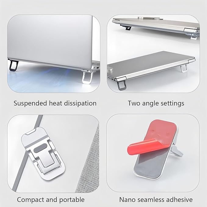 2 Pcs Zinc Alloy Foldable Laptop Stands, Portable Computer Keyboard Riser Feet with 2 Adjustable Angles, Self-Adhesive Invisible Mini Keyboard Stand for Notebook 10-17 Inches