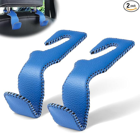 LivTee Blue Superior Leather Car Seat Back Headrest Hook, Auto Seat Hook Hangers Interior Accessories for Purse Coats Umbrellas Grocery Bags Handbag, 2-Pack