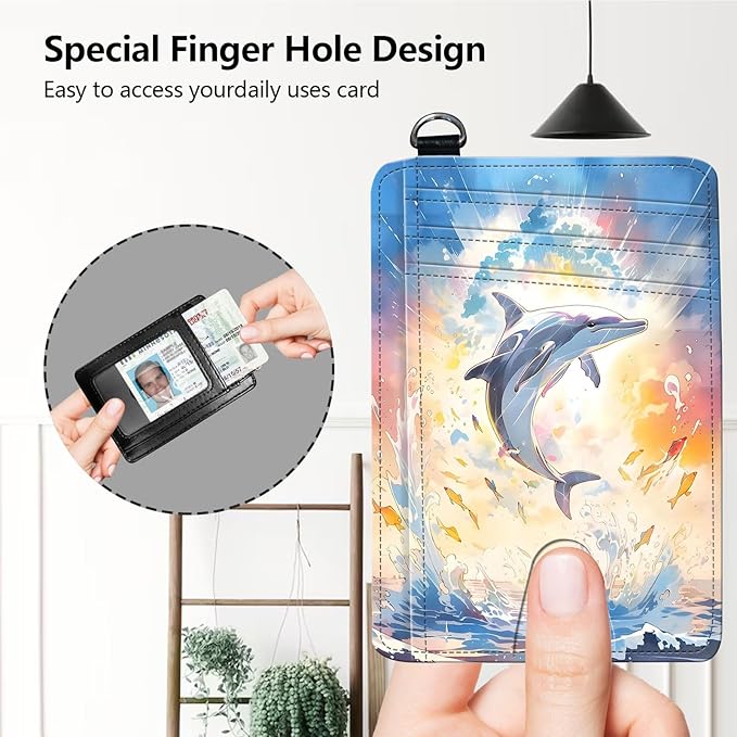 Slim RFID Blocking Card Holder Wallet with Wrist Strap - Minimalist Front Pocket Wallet, Dolphin 02 Design, PU Leathe, for Men & Women, Ideal for Travel & Gifts