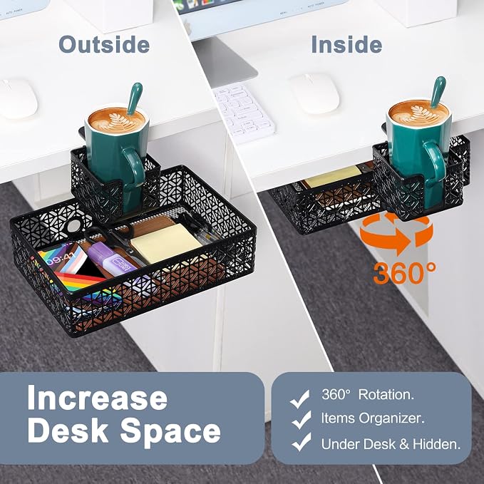 Black Modern Under Desk Drawer Organizer Clip-on Cup Holder & Phone Holder