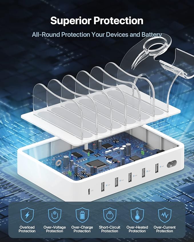 SooPii 60W 6-Port Charging Station for Multiple Devices, PD 20W USB C Fast Charging for lPhone 14/13/12,6 Short Cables Included, 2 in 1 Holder,for Phones,Tablets and Others,White
