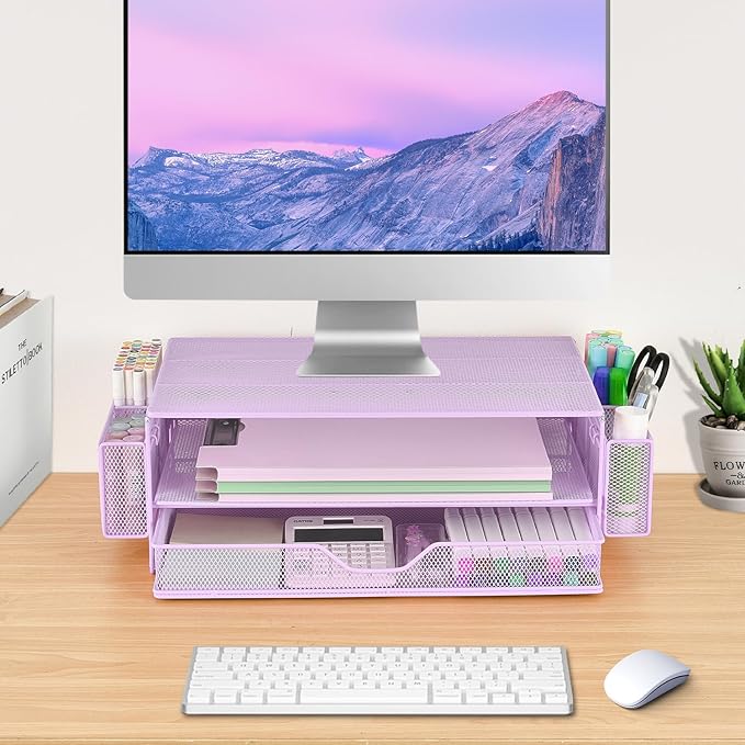 AUPSEN Computer Monitor Stands Riserï¼?-Tier Desk Organizers and Accessories, Office Desk Accessories Organizer with Drawers and 2 Pen Holder for Office Supplies (Purple)