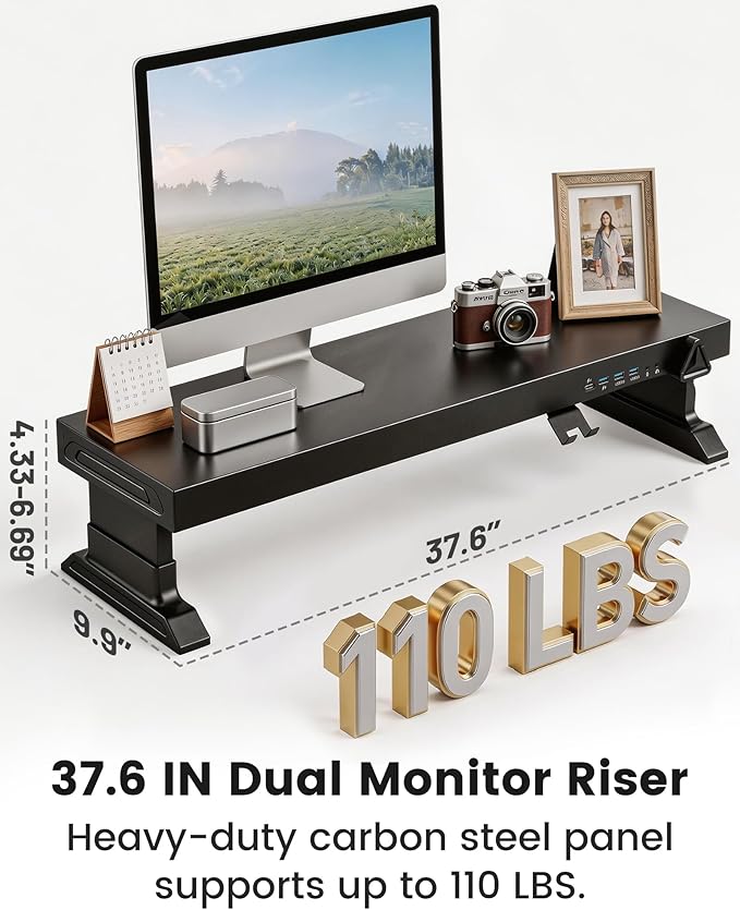 Height Adjustable Monitor Riser with 6-Port Hub ??37.6" Extra Wide Desk Stand for Dual Monitors, Continuous Height Adjustment 4.33??.69" via Knob, USB-C Fast Charging, Carbon Steel Black