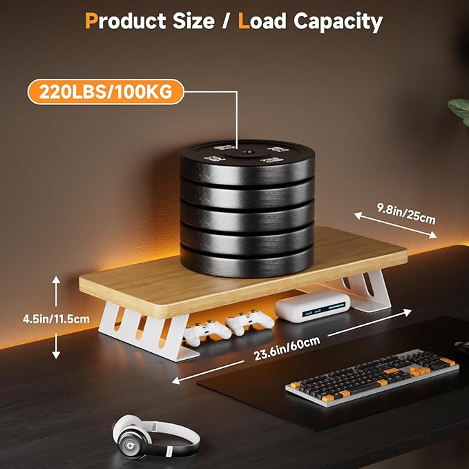 Monitor Stand - 24 Inch Wood Monitor Stand Riser, 220 Pounds Load Capacity Desk Monitor Riser for Laptop/PC/Printer, Desktop Stands Organizer for Home Office