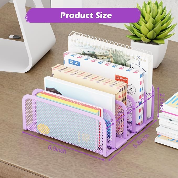 Mail Organizer Countertop, Metal File Holder with 5-Slot, Small Desk File Organizer for Letter, Bill, Mail Sorter, Desktop Letter Folder Holders for Office, Home, School (Purple)