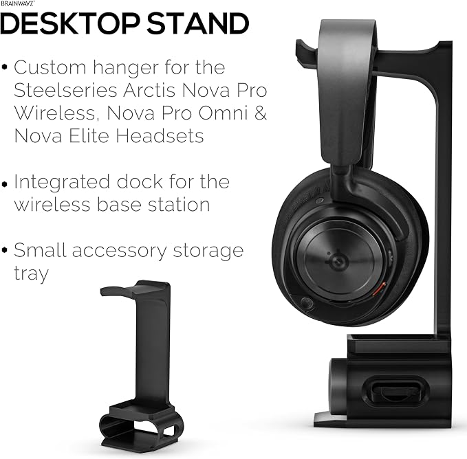 BRAINWAVZ Headphone Stand Designed for Steelseries Arctis Nova Pro, Elite and Pro Omni Wireless Headsets with Dock for the Wireless Base Station (HPS01)