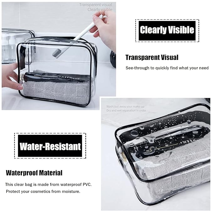 MODENGKONGJIAN TSA Approved Toiletry Bag, 3 Pcs Clear Toiletries Bags Quart Size Travel Makeup Cosmetic Bag for Women Men, Carry on Airport Airline Compliant Bag (Pearl White)