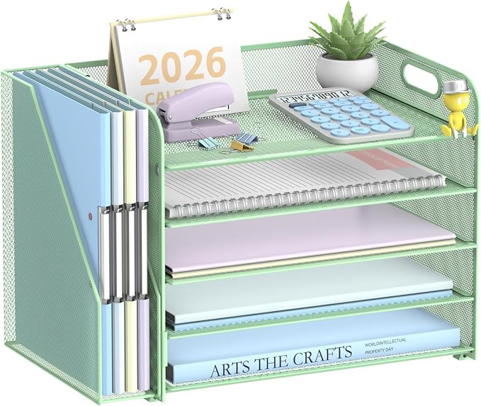 SUPEASY 5-Tier Desk Organizer with File Holder, Desk Organizers and Accessories, Paper Organizer for Desk, Mesh Desktop File Organizer, Workspace Organizers for Office School Home, Green