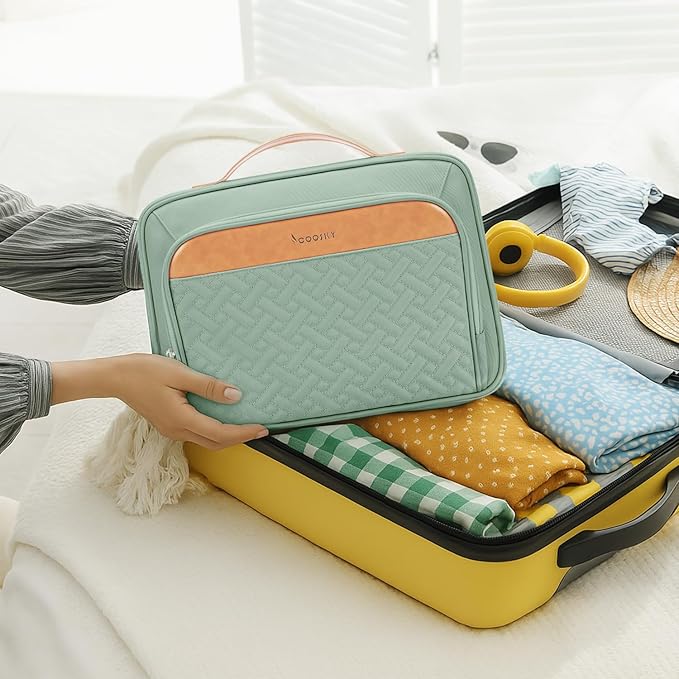 COOSKY Travel Hanging Toiletry Bag for Women, Cruise Ship Essentials, with Jewelry Organizer, Extra Large Makeup Dopp Kit, Waterproof Cosmetic Bags, Toiletries Kit Set with Trolley Belt, Green