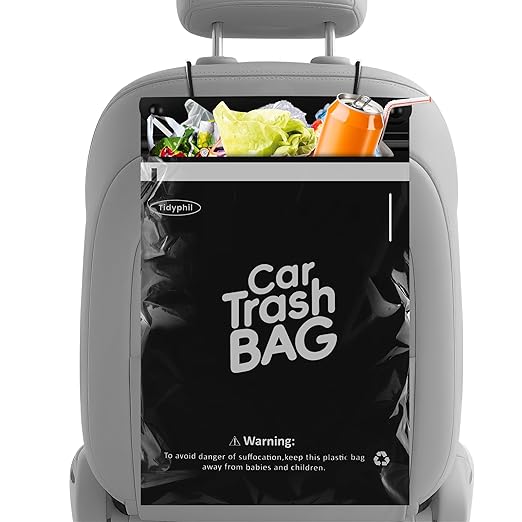 50 Bags Tidyphil Hanging Car Trash Bags Disposable, Leak-proof, Odor Seal. 2 Gallon Car Garbage Bags. Alternative to Car Trash Can, Easy Stick-On Car Garbage Can for Car,SUV, Truck, Vehicle, Stroller.
