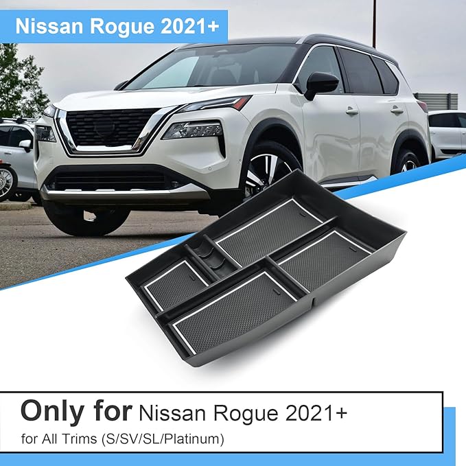 2021-2026 Rogue Center Console Organizer Lower, for Nissan Rogue (S/SV/SL/Platinum/Rock Creek/Dark Armor), Durable ABS &Anti-Slip Rubber Console Tray Insert 2026 2025 Rogue Accessories (White)