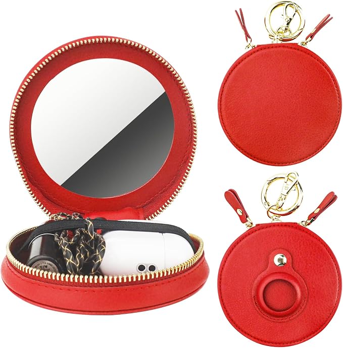 Bocasal Coin Pouch Mini Lipstick Cosmetic Bag with Airtag Holder Mirror, Leather Zipper Travel Makeup Bag Organizer Keychain Ring Clasp for Keys Earbuds Earphone Lip Gloss Chapstick Women Girls (Red)