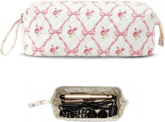 Stratalife Quilted Hair Tools Travel Bag with Polishing Cloth Compatible with Dyson Airwrap Shark Flex Style, Portable Bow Toiletry Bag Hair Dryer Curling Iron Carrying Case Travel Essentials White