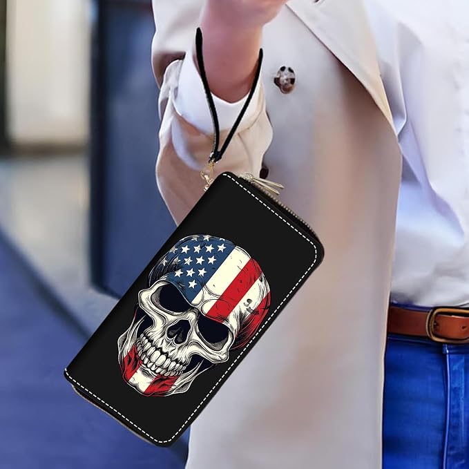 Women's Large Capacity Wallet PU Leather Double Zipper Clutch Purse Multifunctional Wallet with Removable Wristlet Strap for Smart Phone/Coin/Card/Cash - American Flag Skull