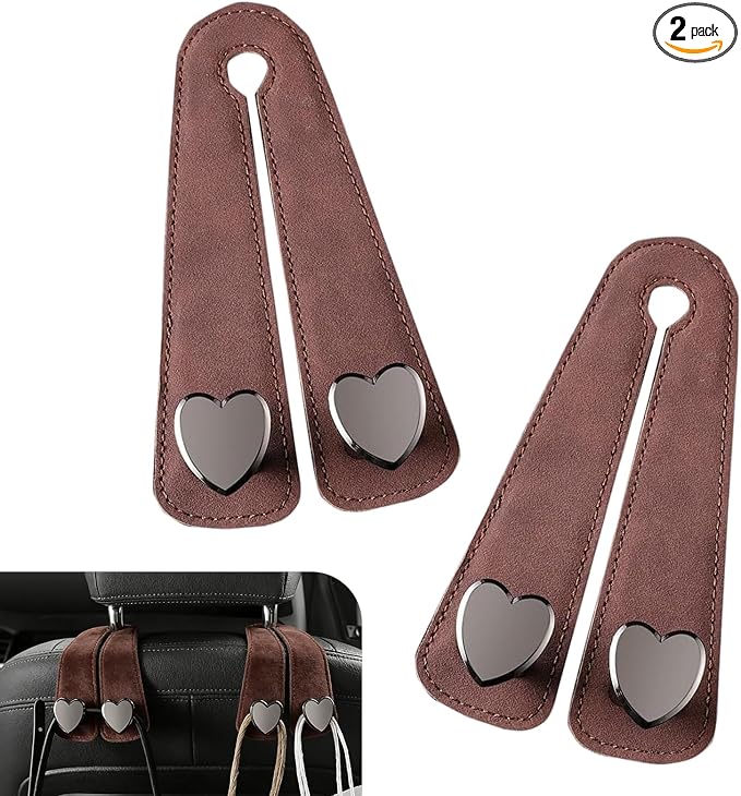 2 PCS Car Seat Backpack Hooks, Alloy High Load-bearing Seat Headrest Double Hooks, 2-in-1 Multifunctional Storage Hangers Phone Holder, Universal for Most Cars (Brown)