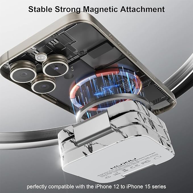 KU XIU X55 Nature Series Fast Magnetic Wireless Charger, Foldable 3 in 1 Charging Station for Apple, Mag-Safe Travel Charger Stand for iPhone 17 16 15 14 13 Series, Apple Watch & AirPods-Marble White