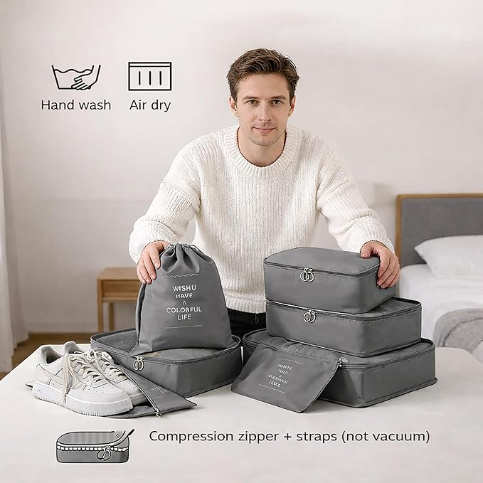 7 Set Packing Cubes For Travel | Luggage Organizer Bags With Shoe, Laundry Bag, Accessory Pouch And Lingerie Bag | Durable And Space Saving Suitcase Organizer For Travel Essentials | Grey