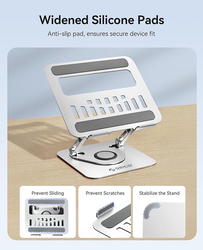 ORICO Adjustable Laptop Stand for Desk, 360° Rotating Base, Foldable Aluminum Alloy Computer Stand with Ventilated Design, Compatible with MacBook Air/Pro, Dell, XPS, HP up to 17'' - ST12, Silver