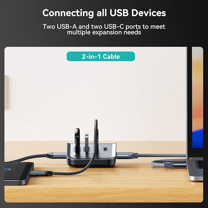 Yottamaster 4-in-1 USB C Hub, 10Gbps USB 3.2 Gen 2 Desktop Hub with 2 USB-A& 2 USB-C Data Ports, 2-in-1 USB-C/A Cable, Angled USB Splitter for PC, Laptop, Mac mini, MacBook, iMac(Not Support Charging)