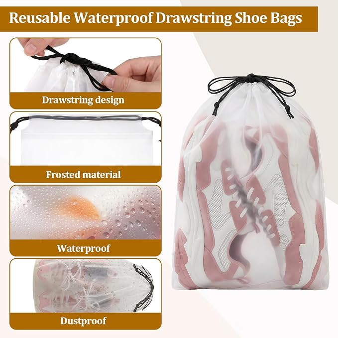 Drawstring Shoe Bags Shoe Bags for Packing, Storage Reusable Waterproof Shoe Organizers for Sneakers & Clothes, Translucent Travel Bags for Men Women (8 Pack)