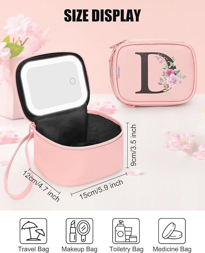 Relavel Initial Makeup Bag with Led Mirror, Mini Cosmetic Bag, Preppy Birthday Gifts for Kids Teen Girls, Portable Make Up Bag with 3 Light Modes, Personalized Makeup Pouch - Pink D