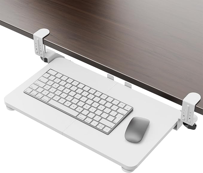 Small Keyboard Tray Under Desk, Pull Out Keyboard & Mouse Tray with Adjustable C-clamp, 20(25.9 Including Clamps) x 11.8 Inch Slide Out Computer Keyboard Drawer Mouse Tray for Typing, White