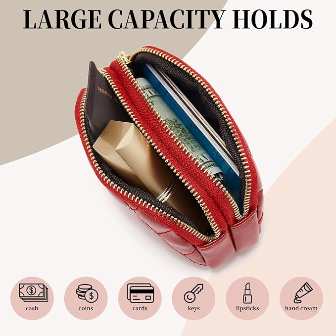 WOZEAH Leather Coin Purse for Women Small 2 Zipper Change Wallet with Key Ring Card Key Coin Cash Holder Pouch(Quilted Red)