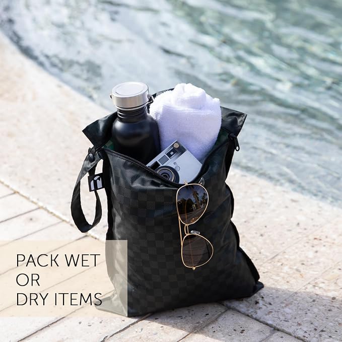 Bumkins and Roamio Waterproof Wet Bag, Wet/Dry Clutch & Clear Travel Bags - For Beach, Baby, Travel, Cloth Diapers, Pump Parts, Pool, Gym, Toiletries - Reusable & Easy to Clean - Black Check - 5 Pack