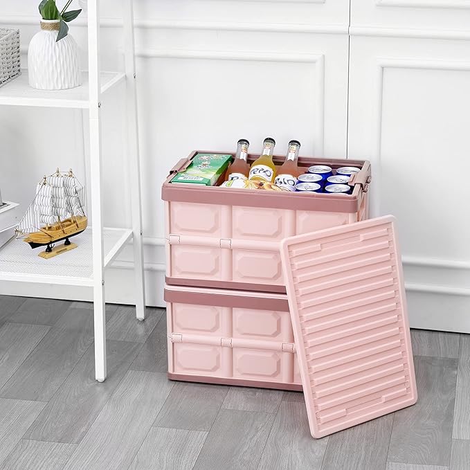 Pink Collapsible Storage Bins with Lids 2-Pack, Folding Plastic Stackable Utility Crates 30L, Durable Containers for Home & Garage Organization