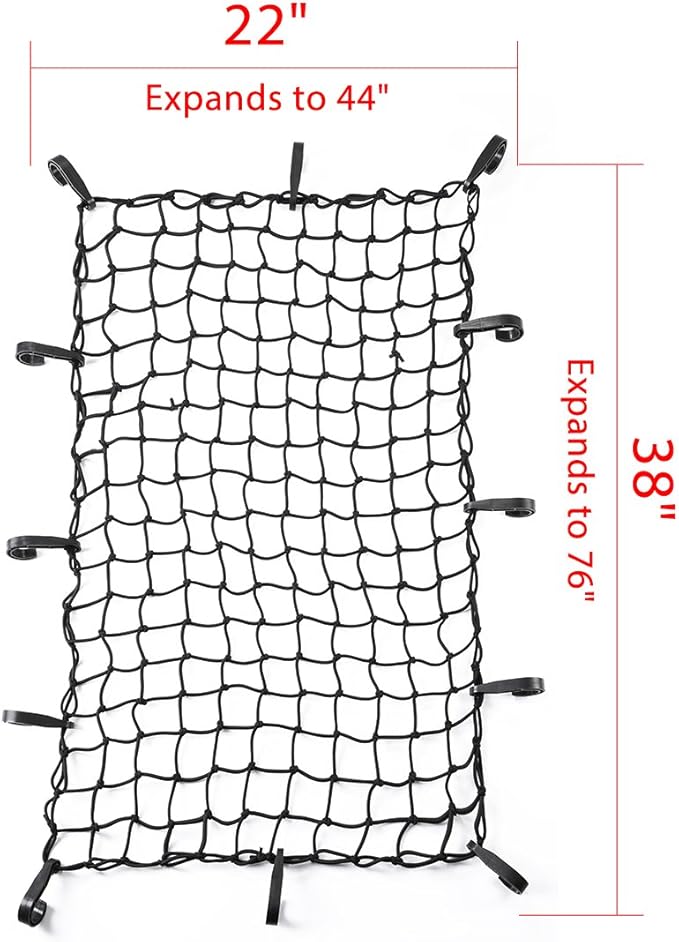 CZC AUTO 22"x38" Black Latex Bungee Cargo Net Strech to 44"x76", Luggage Netting with 2"X2" Small Mesh and 12 Adjustable Plastic Hooks for Rooftop Cargo Carrier Roof Rail Rack Hitch Basket SUV, 2 Pack
