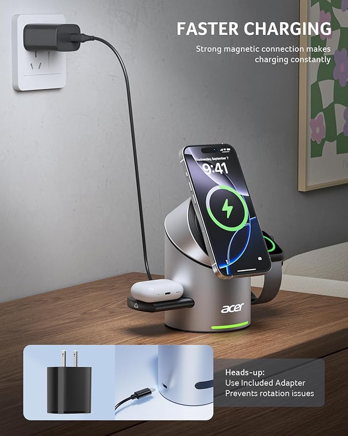 Acer Prime 3 in 1 Charging Station for Apple - Magnetic iPhone Wireless Charging Station, Magsafe Charger Stand for iPhone 17 16 15 14 13 12 - Apple Watch - Airpods Series (Charger & USB-C Included)
